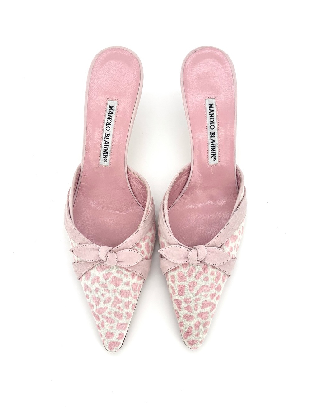 Manolo Blahnik Bow Pink Leopard Print Ponyhair Pointed Toe Kitten Heel Mules 41 - Picture 9 of 11